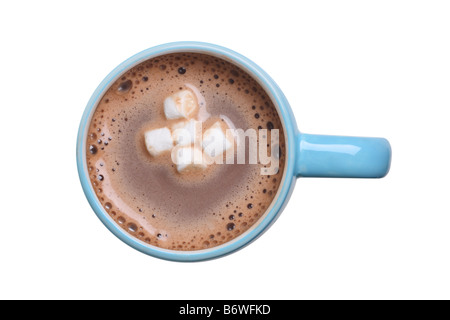 Overhead view of a mug of hot cocoa with marshmallows cut out isolated on white background Stock Photo