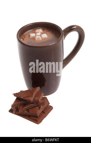 Mug of hot cocoa with marshmallows and chocolate cut out isolated on white background Stock Photo
