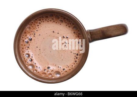 Overhead view of a mug of hot cocoa cut out isolated on white background Stock Photo