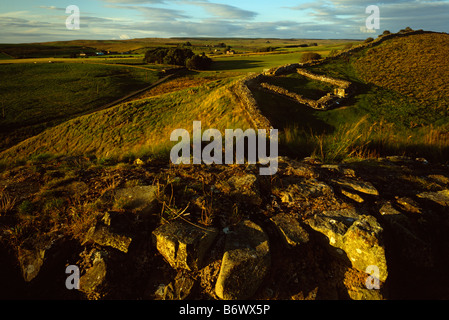 Evening light on Milecastle 42 at Cawfields near Haltwhistle, Hadrians Wall, Northumberland National Park Stock Photo