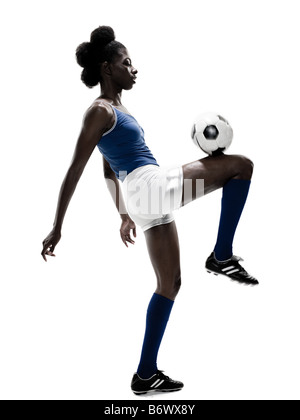 A female football player playing keey uppys Stock Photo