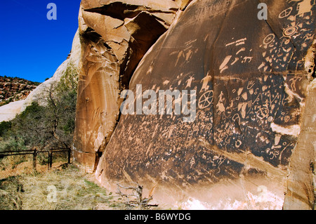 USA, Utah, Newspaper Rock Recreation Site. Newspaper Rock is a petroglyph panel etched in sandstone Stock Photo