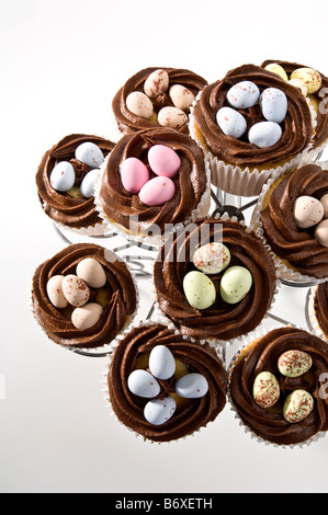 Decorated chocolate chip cakes with chilli chocolate topping nest and decorative chocolate eggs for Easter. Stood on cake stand. Stock Photo