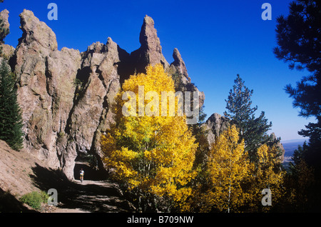 A young man pedals his mountain bike past golden aspen leaves and into a rock tunnel while mountain biking in the San Francisco Stock Photo