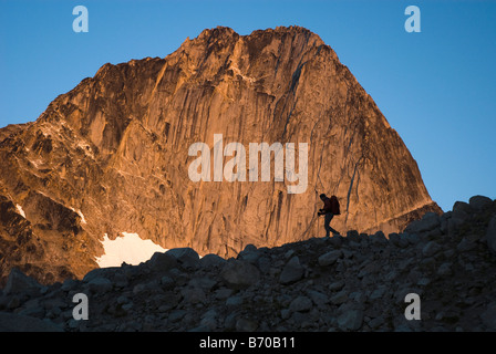 Man mountaineering in the Bugaboo Provincial Park, British Columbia, Canada (silhouette). Stock Photo