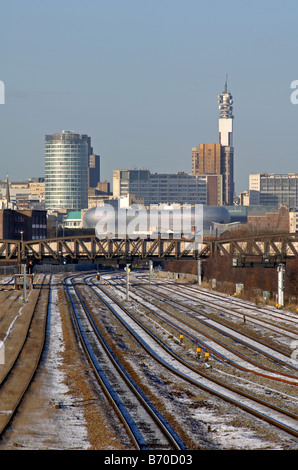 Birmingham city centre in winter seen from Small Heath railway station, West Midlands, England, UK Stock Photo