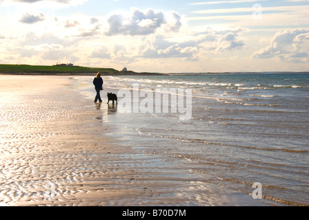 Woman and dog walking on deserted beach under evening sky Stock Photo