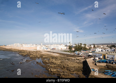 Essaouira Morocco North Africa View along seafront to white buildings in 18th century town Medina Stock Photo