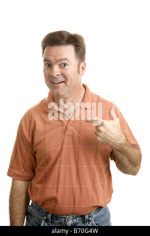 Average forty year old guy pointing to himself with a questioning look as if to say Who Me Isolated on white Stock Photo