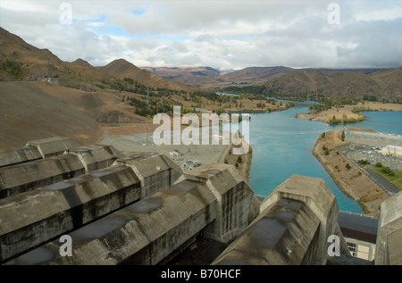 View from the top of Benmore Dam and Power Station in Waitaki Valley, North Otago, South Island, New Zealand Stock Photo