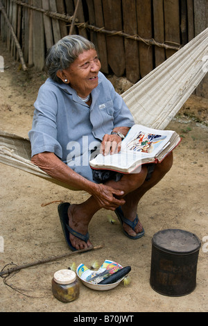 Suriname, Kwamalasamutu, home of indigenous Indians. Old Trio Indian man called Opa Yapuma Stock Photo