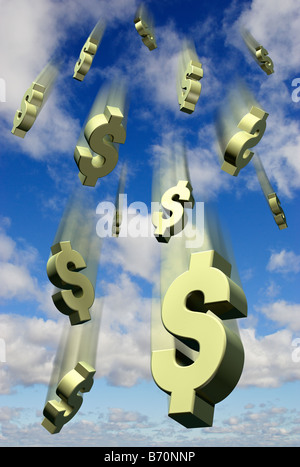 Falling US Dollar symbols against a blue sky - digital composite Stock Photo