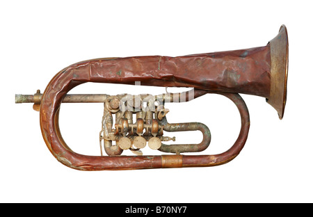 old broken and crumpled trumpet - isolated Stock Photo