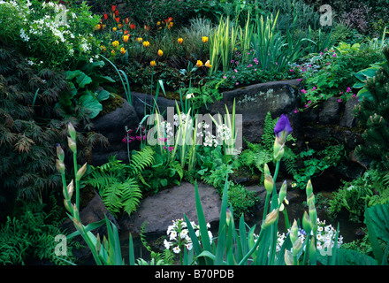 Spring rockery and water garden Stock Photo