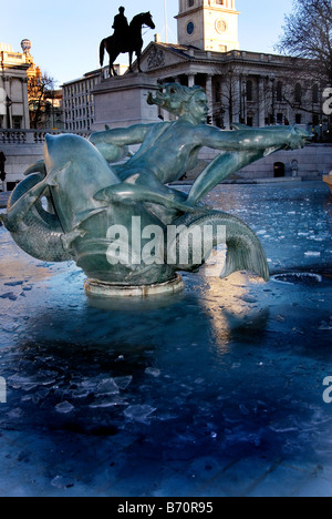 Frozen fountain at Trafalgar Square, London during the coldest winters day in 12 years Stock Photo