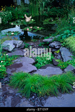 Water Lily pool and dry stream with donkey figure in the water Stock Photo
