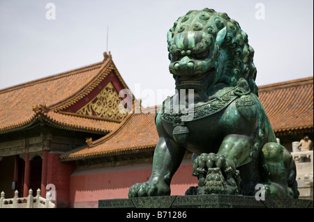 Close-up of a large lion statue within China's Forbidden City on a sunny day, Beijing, China Stock Photo