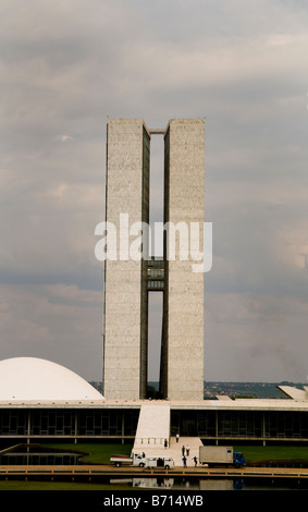 Brazil's upper and lower house. unique architecture designed by the famous architect Oscar Niemeyer.. Stock Photo