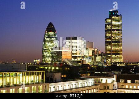 Night shot of Nat West Tower Gherkin and London skyline London England Stock Photo