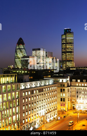 Night shot of Nat West Tower Gherkin and London skyline London England Stock Photo