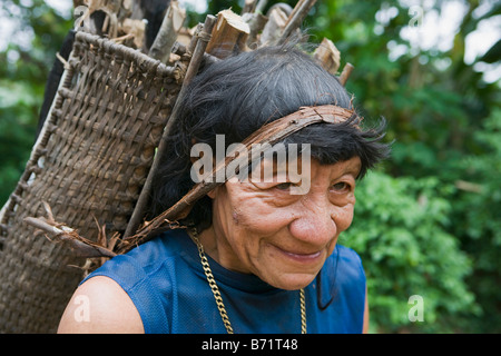 Suriname, Kwamalasamutu, home of indigenous Indians. Akurio Indian man carrying fire wood. Stock Photo