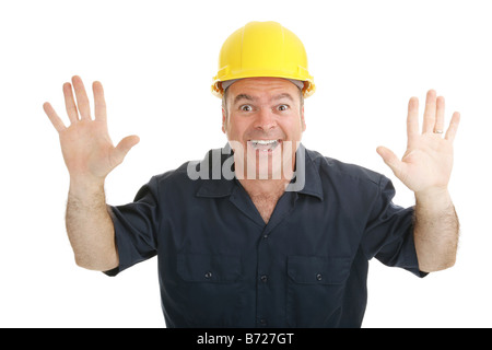 Enthusiastic constrictuon worker throwing up his hands in excitement Isolated on white Stock Photo