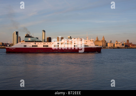 Belfast to Birkenhead Ferry in front of the Liverpool Skyline (three 3 graces) Stock Photo