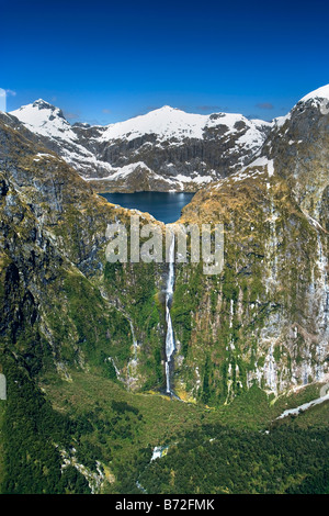 New Zealand, South Island, Fiordland National Park,  Milford Sound. Milford Track. Aerial. Lake Quill and Sutherland Falls. Stock Photo