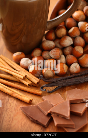 Coffee flavors hazelnut cinnamon vanilla and chocolate Stock Photo