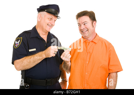 Police officer accepts cash bribe from a prison inmate Isolated on white Stock Photo