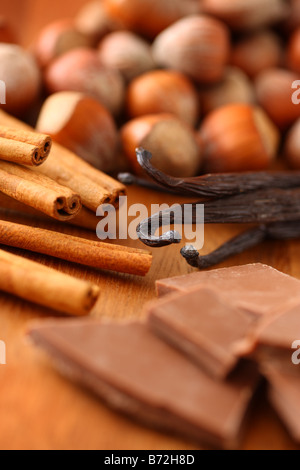 Coffee flavors hazelnut cinnamon vanilla and chocolate Stock Photo