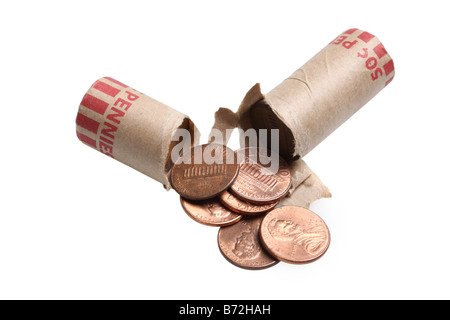 Roll of pennies cut out on white background Stock Photo
