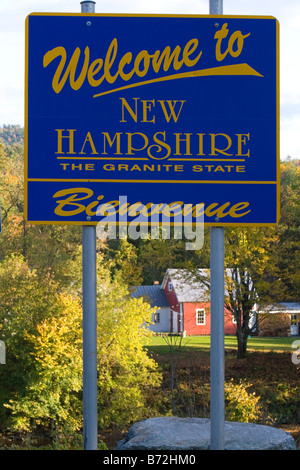 Welcome to New Hampshire sign at the Vermont border in the town of Orford New Hampshire USA Stock Photo