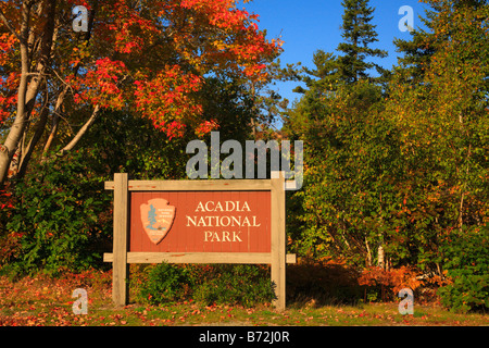 Entrance Sign, Acadia National Park, Maine, USA Stock Photo