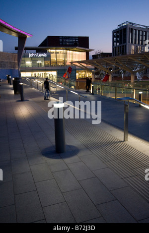 The Liverpool One 1 shopping centre mall at twilight looking towards the John Lewis store Stock Photo