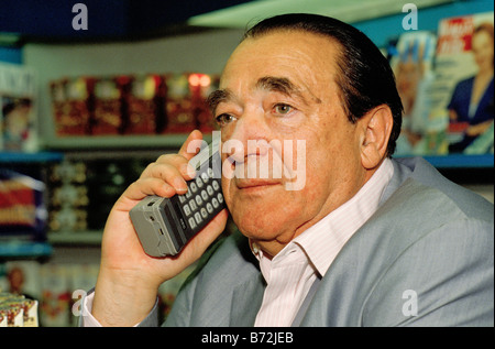 Robert Maxwell, Czechoslovakia born entrepreneur & publisher, owner of Mirror Group Newspapers - talking on mobile phone. Stock Photo