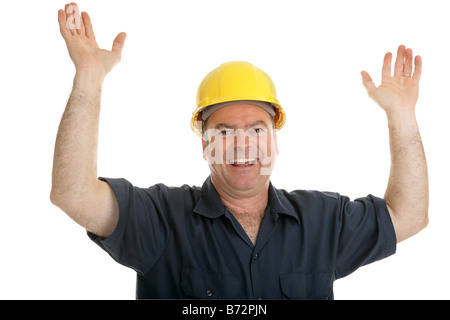 Construction worker throwing up his hands in joy Isolated on white Stock Photo