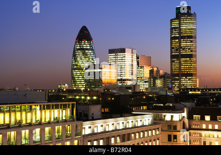 Night shot of Nat West Tower Gherkin and London skyline London England Stock Photo