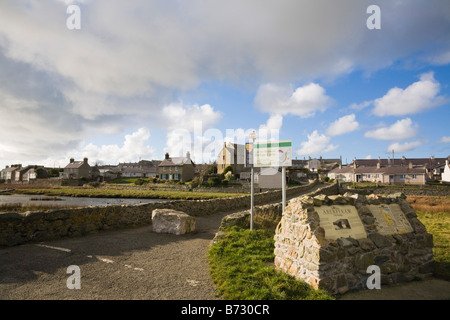 Aberffraw Anglesey North Wales UK Tourist information by old stone bridge to village Stock Photo