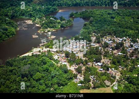 Suriname, Laduani, at the bank of the Boven Suriname river. Aerial. Stock Photo