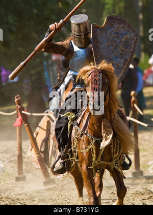 Image of a man dressed in Medieval style clothing and armor riding a horse and carrying a lance in a jousting tournament Stock Photo