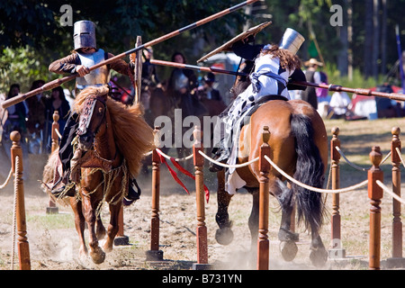 Image of two men dressed in Medieval style clothing riding a horse and carrying a lance in a jousting tournament Stock Photo