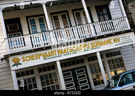 Suriname, Paramaribo, Old house in the historic inner city. Sign of former shipping company. Stock Photo