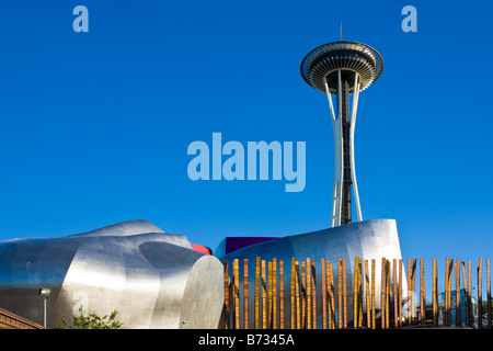 Grass Blades, Music Experience Project, and Space Needle at Seattle Center in Seattle, Washington Stock Photo