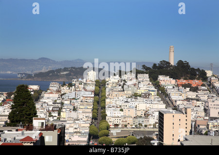 San Francisco looking down Lombard St  towards Coit Tower and East bay Stock Photo