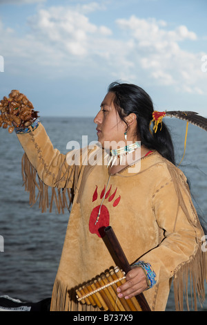 Aztec, or Peruvian Street Musicians in National Costume Playing South American panpipes flute wind musical instruments;  Soul Musician, Paphos, Cyprus Stock Photo