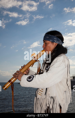 Aztec, or Peruvian Street Musicians in National Costume Playing South American panpipes flute wind musical instruments;  Soul Musician, Paphos, Cyprus Stock Photo