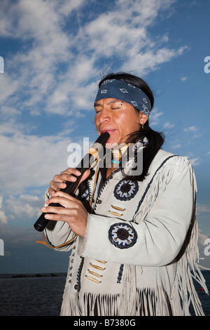 Aztec, Peruvian Street Musicians in National Costume Playing South American panpipes flute wind folk musical instruments. Soul Musician, Paphos Cyprus Stock Photo
