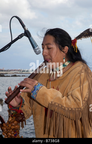 Aztec, or Peruvian Street Musicians in National Costume Playing South American panpipes flute wind musical instruments;  Soul Musician, Paphos, Cyprus Stock Photo