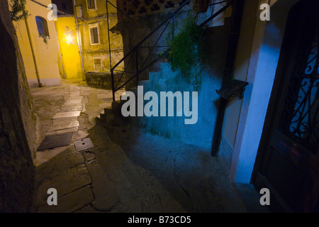 Night street scene in old Mediterranean town, Lovran near Rijeka in Croatia Stock Photo